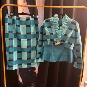 Blue and Black Checkered Skirt Suit